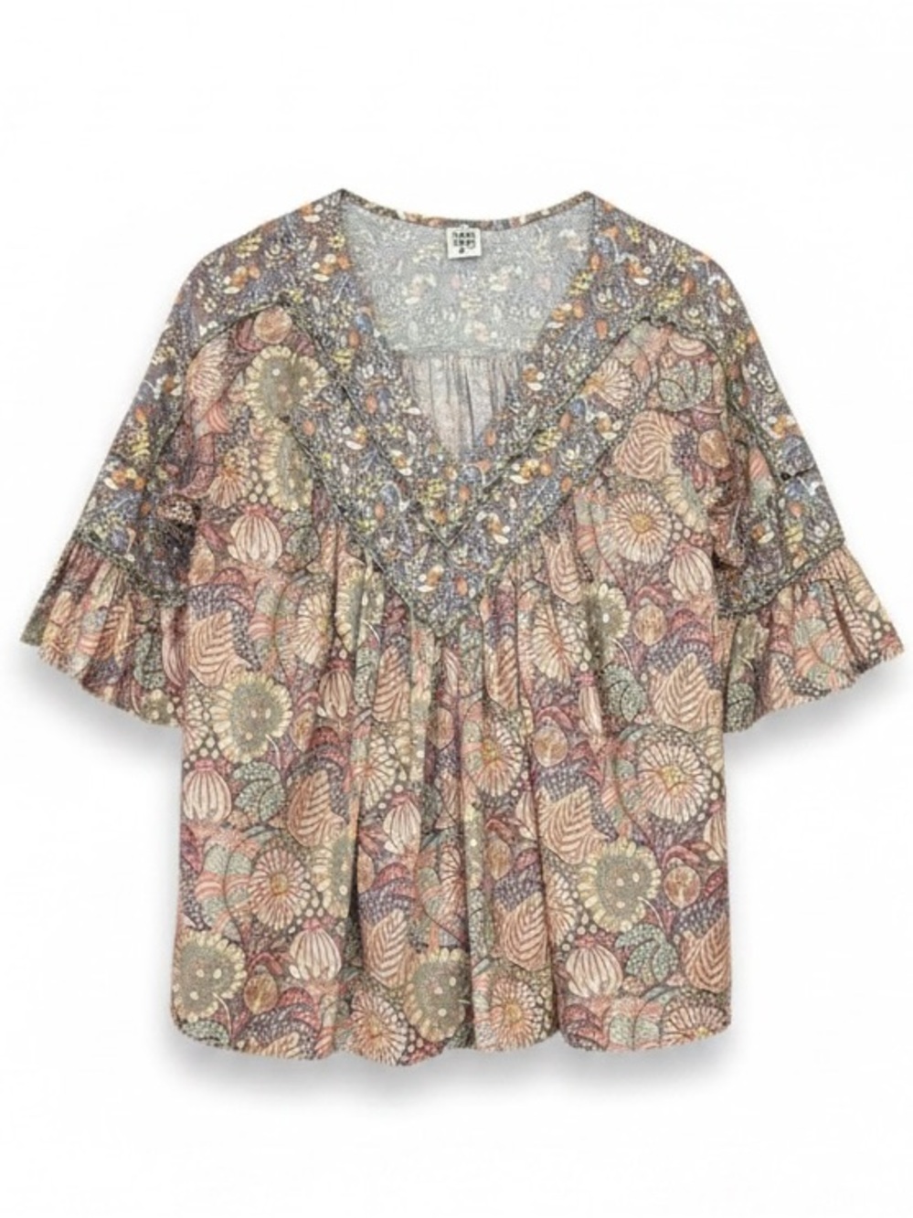 Ivy Jane Bohemian Vintage Floral V-Neck Ruffle Sleeve Relaxed Fit Top Medium